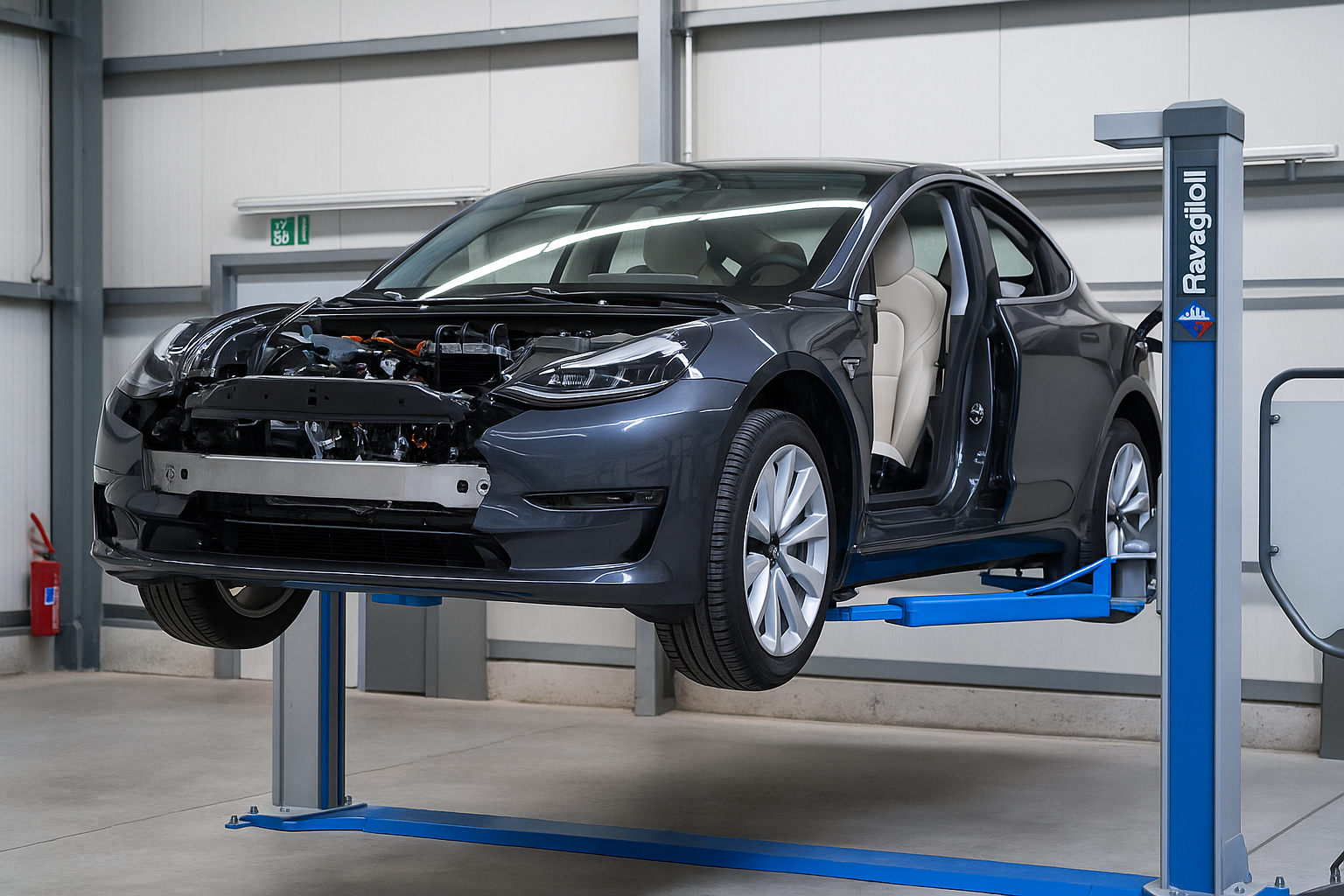 250605_ChatGPT_Tesla Blaues Elektrofahrzeug auf Hebenbühne in KFZ-Werkstatt